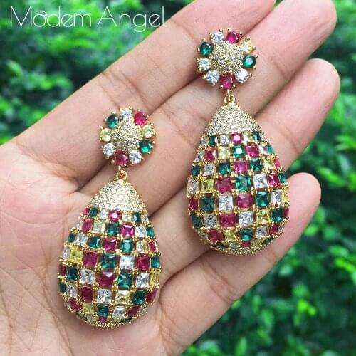 ModemAngel Multi Purple Pink Green Color CZ Crystal Water Drop Indian Gold Vintage Flower Earrings for Women