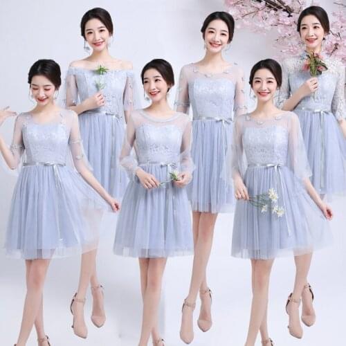 Summer Women Knee-length Mesh Handmade Flower Zipper Belt Gray Pink Champange Handmade Flowers Elegant Bridesmaid Dresses 9839