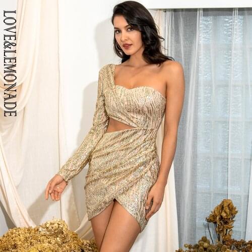 LOVE&LEMONADE Sexy Gold Cut Out Single Sleeve Glitter Glue Bead Material Bodycon Party Dress LM81650