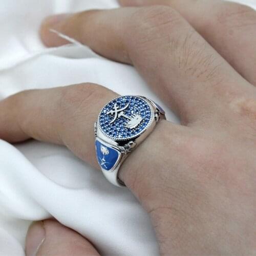 100% 925 sterling silver coconut tree dyed oil blue zircon ring Middle East jewelry