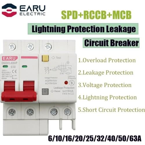 230V 2P SPD Residual Current Circuit Breaker With Overload Overvoltage RCBO RCCB With Lightning Protection MCB Leakage Protector