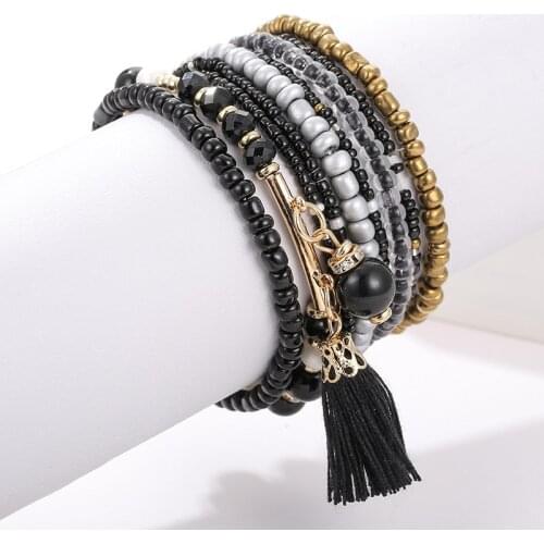 9 Pcs/Set Bohemian Black Beads Strand Bracelets Set For Women Fashion Glass Crystal Charm Bracelet Lady Tassel Pendant Bracelet