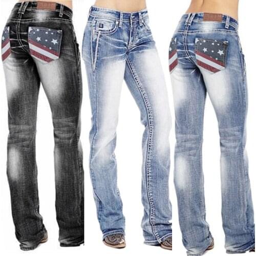 American Flag Stretch Washed Bootcut Jeans for Women High Waist Vintage Pants A66