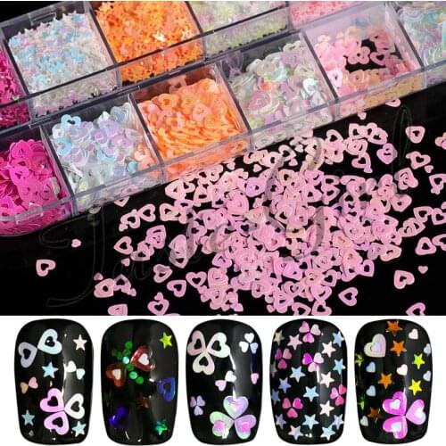 12 Grids Mixed styles Nail Sequins Glitter Laser star heart Flakies Paillette Nail Art Decoration Manicure supplies tools