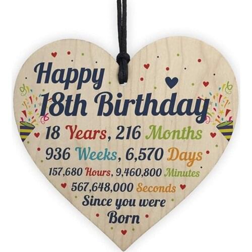Printed with "Happy 18th Birthday" Wooden Heart-shaped Plaque Creative 18th Birthday Gift Meaningful Adult Memorial Wood Sign