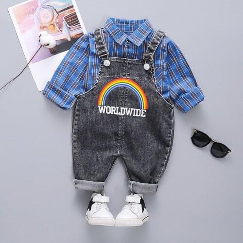 Childrens Clothing Boy 2020 Autumn Childrens Cute Suit 1-4 Years Baby Girl Fashion Plaid Shirt Letter Overalls 2pcs