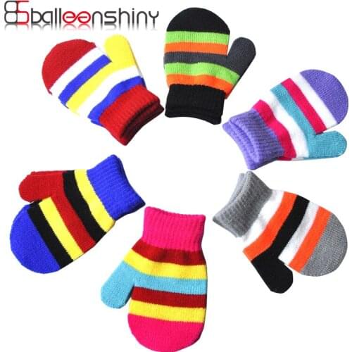 Childrens Winter Warm Knitted Gloves For 1-4years Baby Thickened Kids Baby Stripe Mittens Outdoor Sports Soft and Comfortable