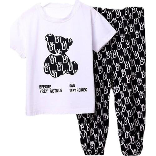 Childrens unisex suit 2021 summer new style boy and girl baby cartoon short-sleeved top + letter trousers casual two-piece suit