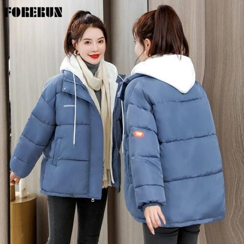 FORERUN Winter Clothes Women Fake Two Pieces Knitted Cotton Hooded Bubble Coats Solid Puffer Jackets Manteau Femme