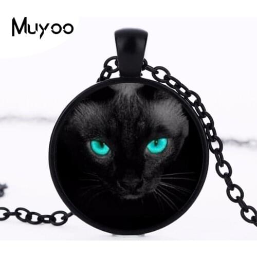 Retail Blue Eyes Black Cat Glass Statement Necklace Charm Art Picture Round Necklaces Pendants Spring Choker Jewelry Gift HZ1