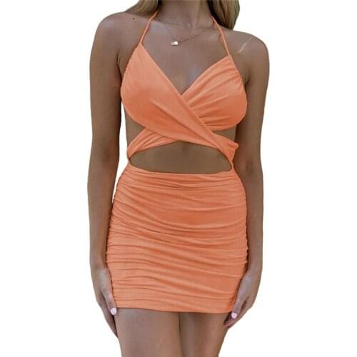 Summer Solid Color Sexy Halter Sleeveless Backless Bodycon Bandage Mini Dress