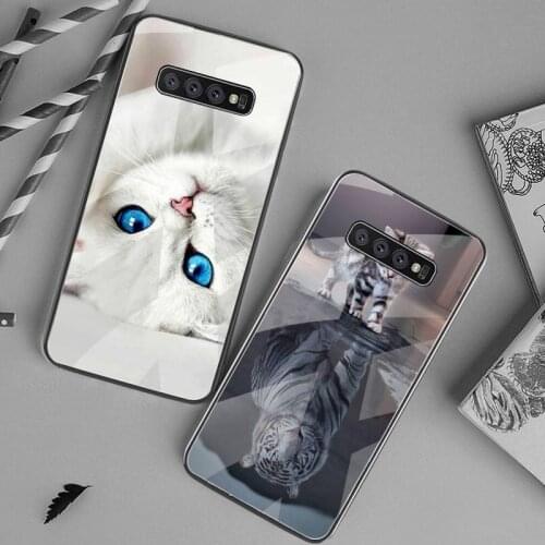 Cute Cat Painted Phone Case Tempered Glass For Samsung S20 Plus S7 S8 S9 S10 Plus Note 8 9 10 Plus