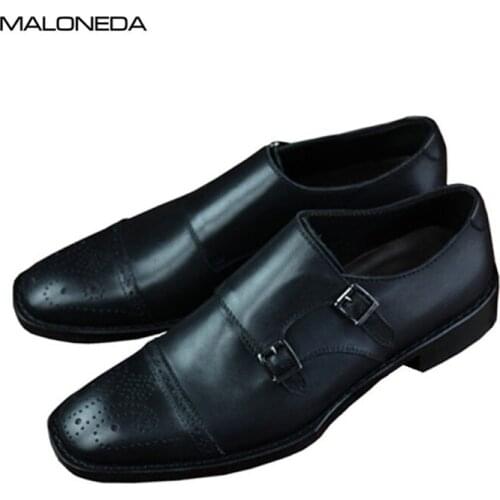 MALONEDA Mens Brogue Monk Strap Shoes Handmade with Goodyear Welted Genuine Leather Dress Shoes Slip on