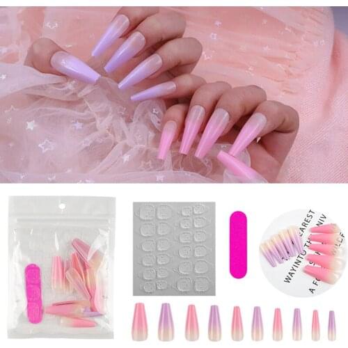 20/30/50 Pcs Gradient False Nail Tips Ballerina Coffin Full Cover Nails Fake Tip Art Manicure Supply with Jelly Nail Stickers
