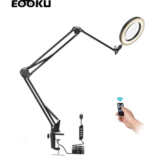 EOOKU 8W Table Lamp LED Three-Section Flexible Handle 3-Color 5X/10X Magnifying Glass Reading Work Repair Welding