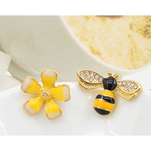 New bee and flower asymmetric earrings exquisite cute for Girls Birthday Gift Prevent Allergy quality Candy Color Tiny Ear Studs
