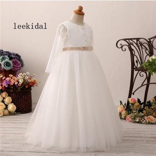 Flower Girls Dresses New Lace Long Sleeve Bow Scoop Neck Floor Length Wedding Gowns Girl Dress Custom