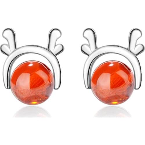 Korean version of the Christmas elk antler garnet simple student style small cute sweet silver plated stud earrings WE092