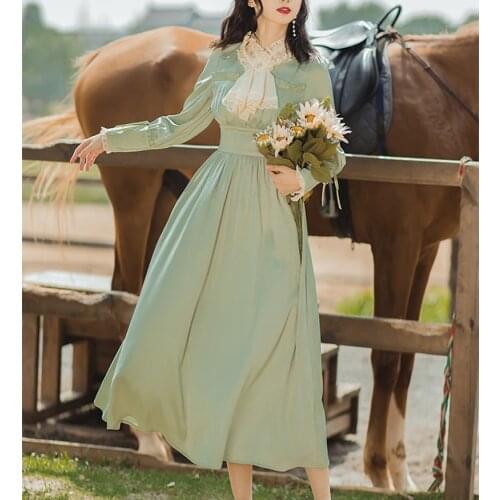 Cottagecore Green Prairie Chic Dress Women Vintage Lace Patchwork Lantern Sleeve Long Maxi Dresses Retro Princess Vestido Mujer