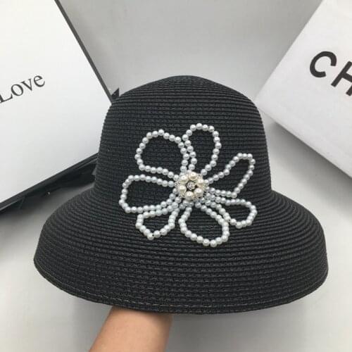 Sunhats Black elegant Audrey Hepburn pearl flower basin hat show face little ins wind beach resort is prevented bucket hats