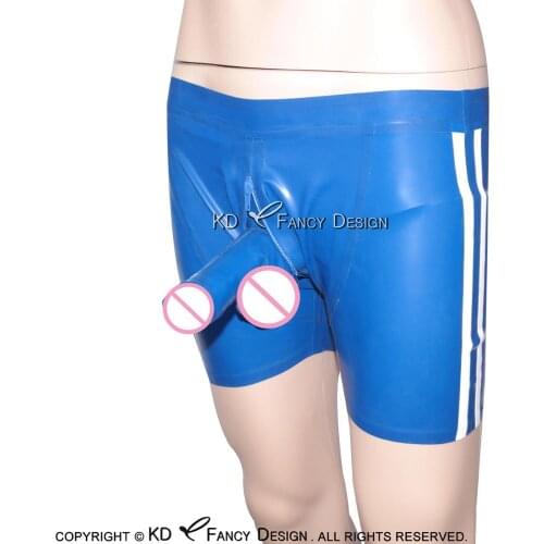 Blue And White Stripes Two Sides Sexy Latex Boxer Shorts Rubber Boyshorts Underpants Underwear Pants DK-0078