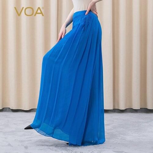 VOA Silk Double Layer Georgi Lake Blue Tuck Pleated Middle Waist Oblique Pocket Straight Pipe Organ Pleated Wide Leg Pants KE317