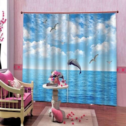 Custom Blue white clouds Curtain Photo print For Living room Bedroom Modern Animal seagull Dolphin show diving Blackout Drapes
