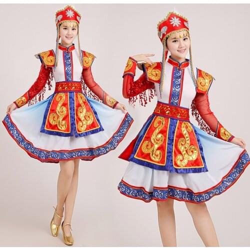 Red gold Mongolian Dance Costumes Female Performance cosplay Wear Paillette Skirt Robe Women Nation Dancing Clothes with Hat