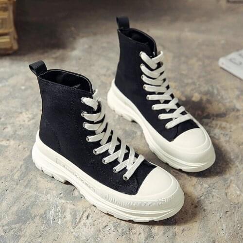 Sports style womens boots autumn and winter 2021thick-soled high-top canvas short boots round toe lace-up platform casual shoes