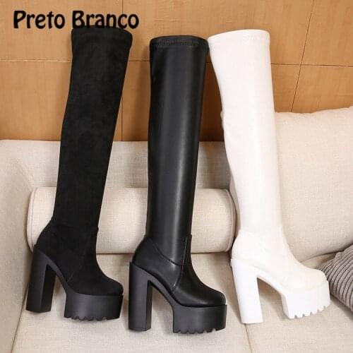 PRETO BRANCO 15cm Thick Heel Long Boots Female Over-the-Knee Boots High Heel Waterproof Platform Leather Women Boots ZYW-831-11