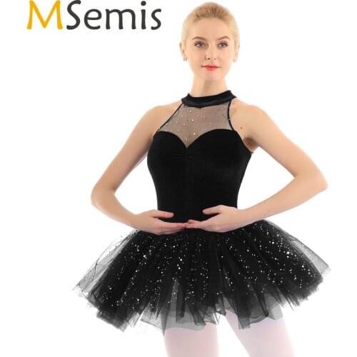 MSemis Women Sequins Turtleneck Swan Lack Tutu Ballet Dress Professional Dance Costume Velvet Bodice Gymnastics Leotard Bodysuit