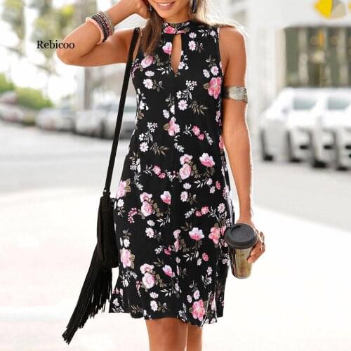 Womens Casual Bohemian Sleeveless Dress Ladies Printed Above Knee Dress Party Dress Sleeveless Streetwear Halter Dresses
