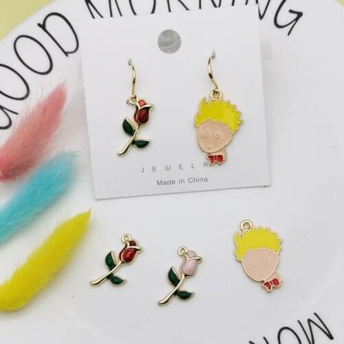 10pcs Boy Flowers Enamel Charms Pendants Little Prince & Rose Charms Fit Jewelry Accessories Earrings Bracelets Floating YZ807