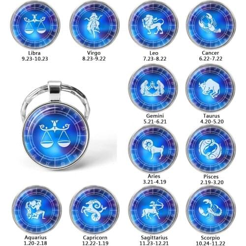 12 Constellation Zodiac Sign Jewelry Aquarius Pisces Aries Taurus Key Chain Ring Keyring Glass Cabochon Keychain Birthday Gift