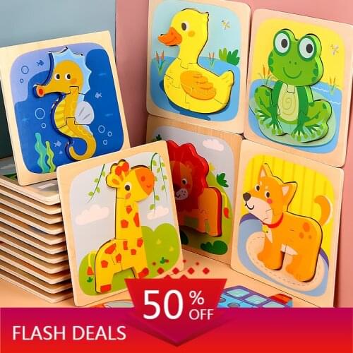 3D Jigsaw Puzzle Cartoon animals wooden toy learning toys for children Car Animals fish set puzzles Montessori educational toys