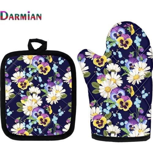 DARMIAN 2021 News Seamless Pansies and Camomiles Prints Baking Gloves And Insulation Pads Kitchen Cooking Microwave Oven Glove
