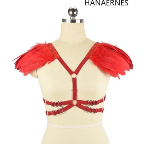 Festival Dance RED Feather Epaulettes Bra Bondage Shoulder Wings BurningMan Rave Wear Steampunk Goth Body Harness Lingerie