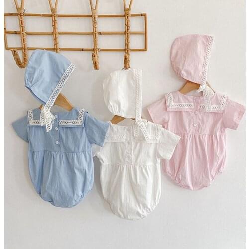Infant Baby Girl Newborn Rompers Clothes Baby Girl Rompers 0-3Yrs New 2021 Summer Kids Boy Girl Short Sleeve Lace Rompers + Hat
