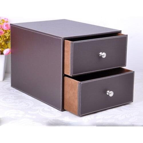 Double layer double drawer wood structure leather desk filing cabinet storage box office organizer document container brown 214B