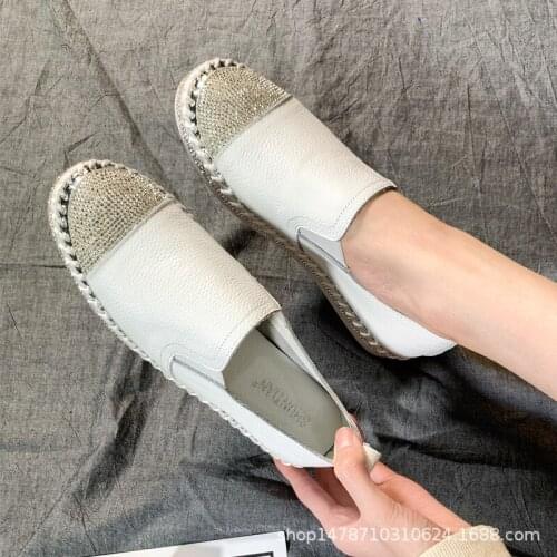 White Crystal Women Espadrilles Shoes Genuine Leather Fishermen Flats Ladies Girls Casual Loafers Mixed Colors Cowhide Shoes