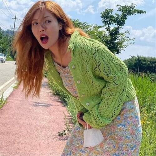 Hyun-a Kim with avocado green age-reducing lapel openwork knit cardigan female 2021 autumn thin coat tide