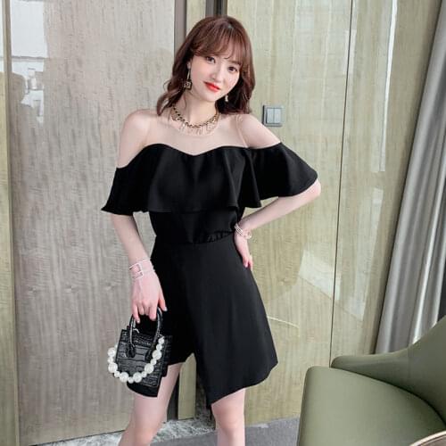 Fashion Summer Women Vintage Casual Ruffle O-Neck Short Sleeve Strapless Black Top Shirt Blouse High Waist Shorts Two Peice Set