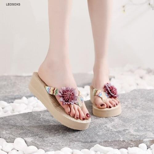 Summer Shoes For Women 2021 New Mitation Hemp Rope Travel Hemp Sandals Flower Flip Flop Beach Casual High Heel Slippers