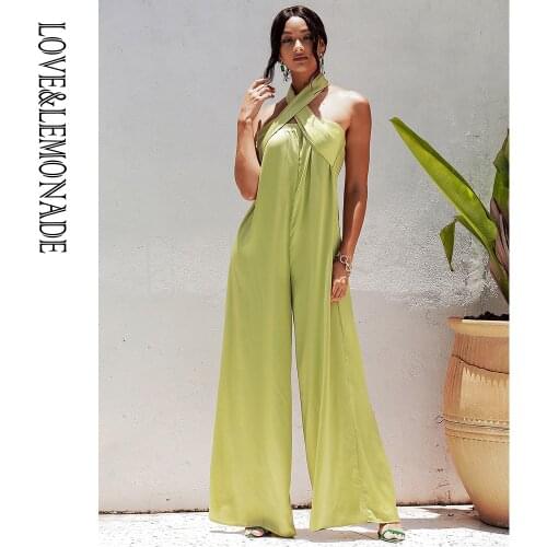 LOVE&LEMONADE Sexy Light Green Tube Top Changeable Long Belt A-Line Loose Satin Summer Jumpsuit LM83449-A