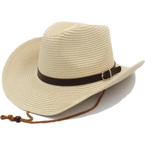 Fashion Men Straw Western Cowboy Hat With Windproof Rope For Gentleman Dad Beach Sun Sombrero Hat Size 58CM A0116-JQ