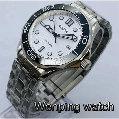 Bliger 41mm Mens Top Luxury Mechanical Watch Silver Case Sapphire Glass Silver Dial Date Luminous NH35A Movement Automatic Watch
