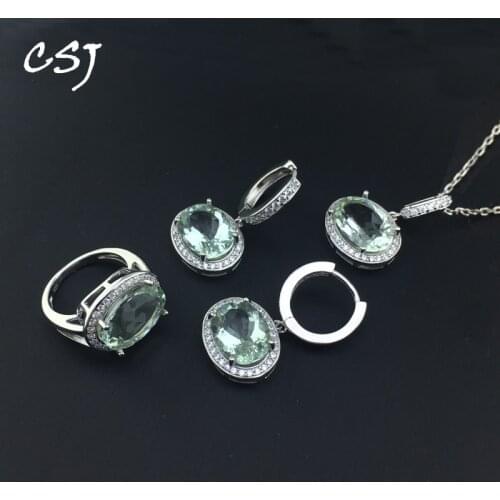 CSJ Natural Green Amethyst Jewelry Sets 925 Sterling Silver Fine Jewelry For Women Lady Wedding Engagment Party Gift Box Sets