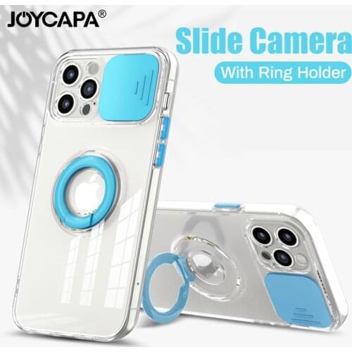 Slide Camera Lens Protection Clear Phone Case For iPhone 12 Pro Mini 11Pro Max Xs 7 8 Plus Xr X SE 2020 Ring Holder Soft Cover