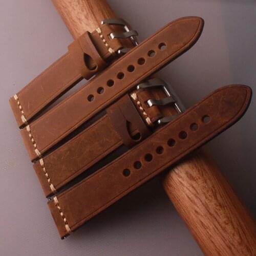 22mm 24mm dark Brown handmade Genuine Leather Smooth Watch Strap Watchband For PAM111/Panerai straps steel buckles Quick Release