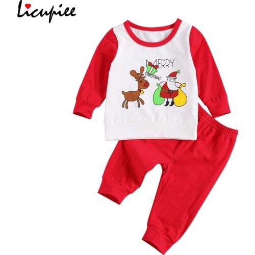 Christmas Baby Clothes Home Suit Long Sleeve Round Neck Top with Santa Claus Pattern Elastic Long Pants Boy Girl Xmas 0-24 Month